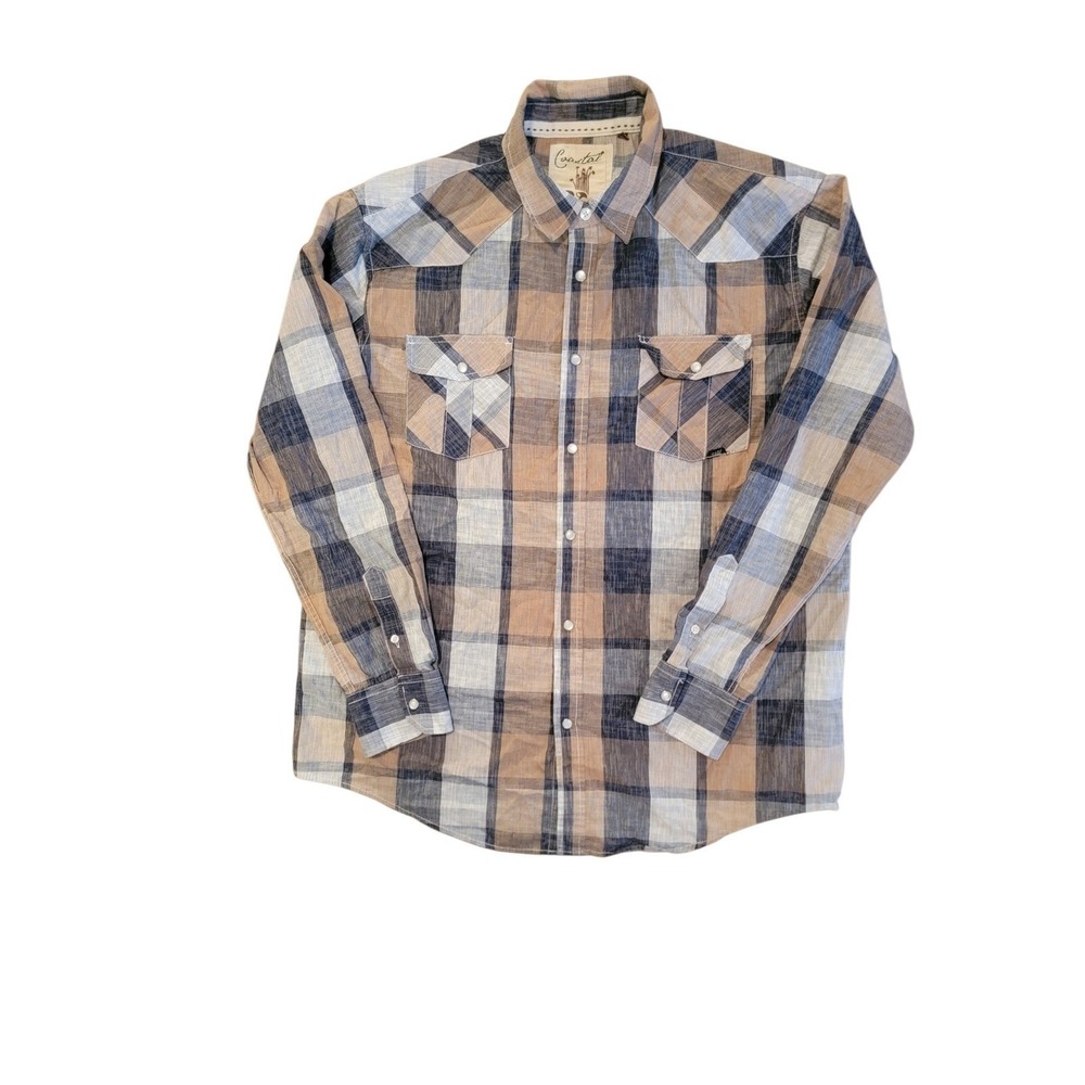 Coastal Western Pearl Snap Shirt Mens XL Tan Blue Plaid Long Sleeve Excellent